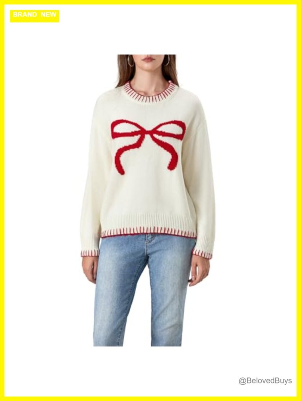 Women's Oversized Cable Knit Bow Pullover Sweater Long Sleeve Acrylic